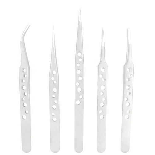 Mesee 5 Pcs Stainless Steel Precision Tweezers Tool Set，9-Hole Anti-Static Tweezer Non-Magnetic Curved & Straight Pointed Tips ESD Tweezer Kit for Eyelash Extension Jewelry Electronics Repair