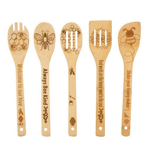 SB Goods YUJU 5PCS Bee Wooden Cooking Spoons Set,Bee Kitchen Gift, Wooden Spoon Set,Bee themed Party Favor,Gifts for Beekeepers,Bamboo Cooking Utensil Spoons Housewarming Wedding Mom Gift Idea Decor
