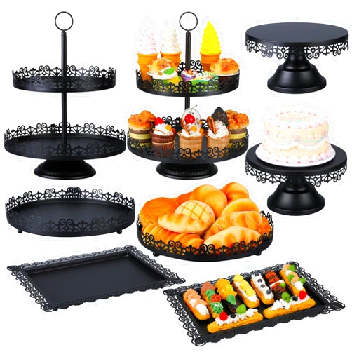 Tioncy 8 Pcs Cake Stand Set, Metal Dessert Table Display Stands for Dessert Table, Tiered Cupcake Holder Display Plates for Birthday Party Wedding Festival (Black)