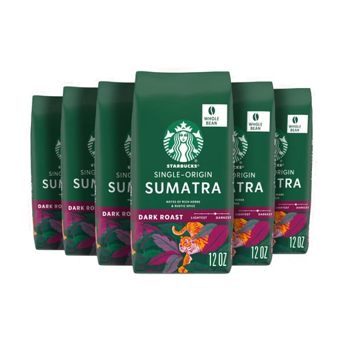 Starbucks Whole Bean Coffee, Dark Roast Coffee, Sumatra, 100% Arabica, 6 bags (12 oz each)