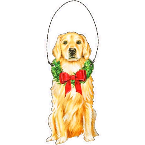Primitives by Kathy Ornament -Wood, Paper, Wire, Christmas Golden Retriever