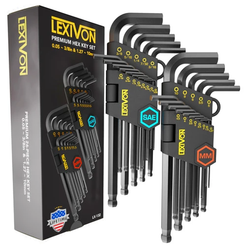 LEXIVON Allen Wrenches Sets, 26-Piece Premium Metric & SAE Hex Keys, L-Shaped Long Arm Ball End Design, Industrial-Grade S2 Alloy Steel (LX-132)
