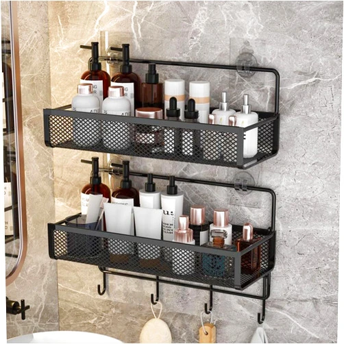 Jiadrooe 2 Pack Shower Caddy Shelf Organizer Rack, Bathroom Shelves Basket, Adhesive Black Bathroom Accessories, Save Space with Hooks, Toiletries Organization And No Drilling Shower Shelves (Black)