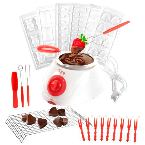 Good Cooking Electric Chocolate Melting Pot Gift Set- Candy Making or Fondue Fountain Kit w 30+ Accessories- 7 Chocolate Mold Trays & Dipping Forks, Recipe Book-Appetizers, Desserts- Present For Her