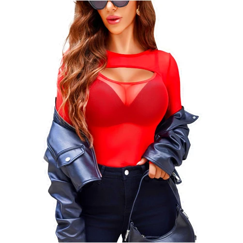 Avidlove Women Sexy Long Sleeve Mesh Top Teddy Bodysuit Clubwear Sheer Leotards with Garter Belt