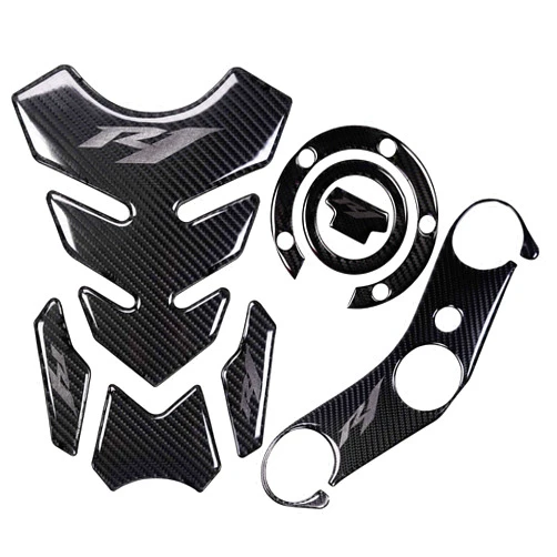 REVSOSTAR 5D Real Carbon, Motorcycle Gas Tank Protector, Grey Tank Pad Sticker, Tank Cap, Fuel Cap Decal, Triple Tree Front End Upper for R1, 3 Pcs Per Set