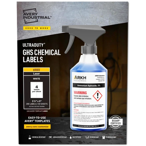 Avery UltraDuty GHS Chemical Labels for Laser Printers, Waterproof, UV Resistant, 3.5 x 5, 5 Packs (60503)
