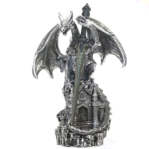 Hmusnwol Dragon Statue with Medieval Sword-Collection Figurine Fantasy Decor - Silvery Dragon Standing Gothic Castle for Tabletop Bookshelf Housewarming Gifts