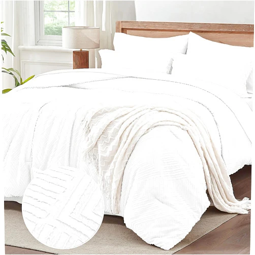 ChiXpace White King Size Comforter Set 7 Pieces - Boho Bed in a Bag for All Season, Soft Tufted Shabby Chic Comforter, Flat Sheet, Fitted Sheet, Pillowcases & Shams