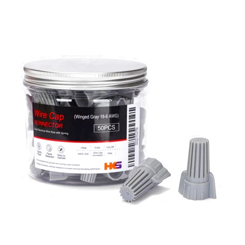 HKS 50 PCS Gray Wire Nuts - AWG 18-6 Winged Electrical Wire End Connectors - Twist-On Screw Caps Insulated Insertion with Spring Portable & Quick to Connect