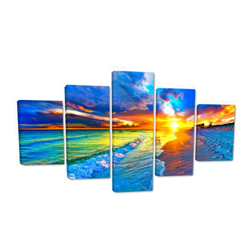 Yatsen Bridge 5 Panels Sea Beach Under the Sunset Canvas Paintings Wall Art Nature Landscape Ocean with Colorful Cloud Scenery Artwork Framed Easy to Hang-60 inch x 32 inch