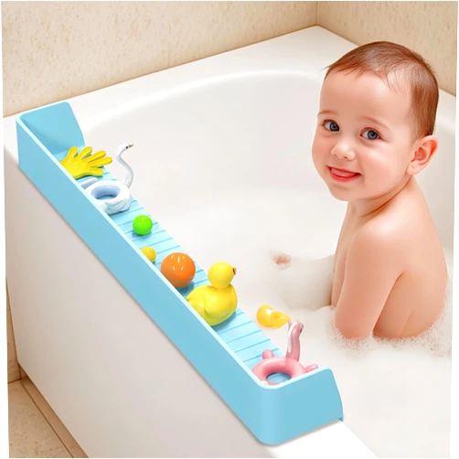 Bzijaslle 31 Inch Longer Bathtub Water Splash Guard, Flexible Silicone Bath Toy Tray Holder with Strong Suction Cups, No Leak, Bathroom Essentials Shelf for Toddlers Baby Kids (Blue)