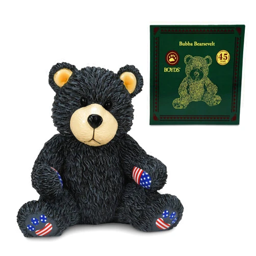 Enesco Boyds Bears 45th Anniversary Bubba Bearsevelt Figurine, Collectible Premium Hand Crafted Hand Painted Stone Resin Teddy Bear Home Decor Statue, Patriotic Black Bear with USA Flag, 4.25 Inch