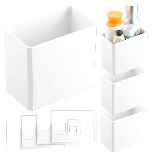 Suclain 4 Pcs Wall Mounted Organizer Non-Drilling Adhesive Floating Shelf White Wall Bin Organizer Hanging Storage Containers for Bedroom Bathroom Kitchen Office