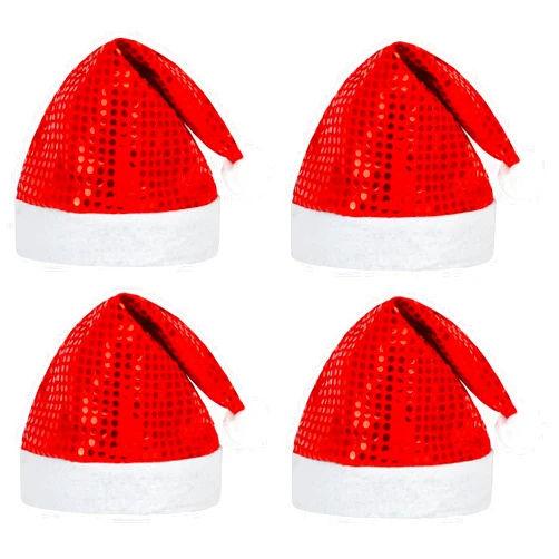 CCINEE 4 Pcs Santa Hat for Adults, Christmas Red Sequin Hat Christmas Hat Xmas Holiday Hat for Home Decoration Party Costume Supplies