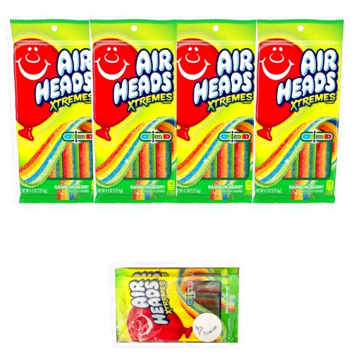 CHIRPFINDS Airheads Xtremes Belts Sour Candy, Rainbow Berry, Non Melting, Bulk Party Bag, 4.5 oz, (Pack of 4), with CHIRPFINDS STICKER