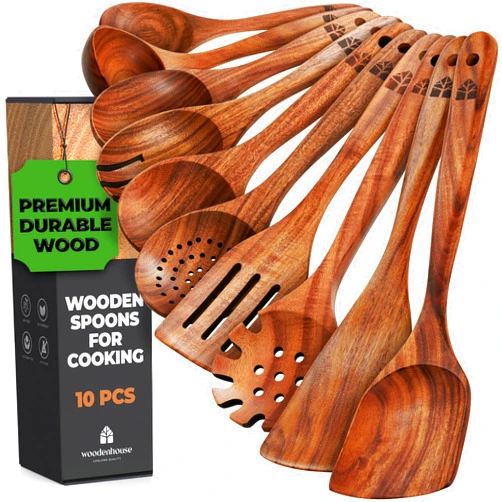 WOODENHOUSE LIFELONG QUALITY Wooden Spoons for Cooking, 10 Pcs Wooden Cooking Utensils Set – Wooden Utensil Set for Nonstick Pans & Cookware – Teak Wood - Sturdy, Lightweight & Heat Resistant
