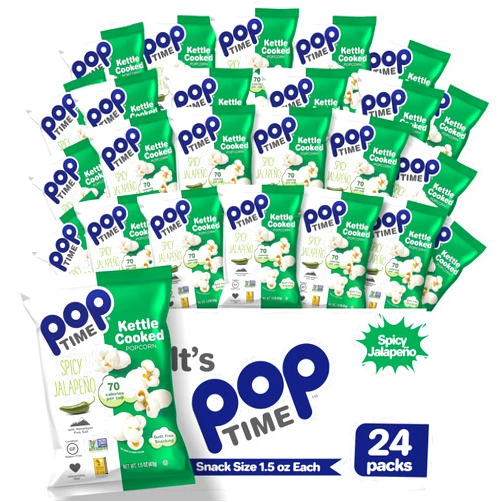Poptime Kettle Cooked Spicy Jalapeno Popcorn Snacks – 1.5 Oz Bags - 24 Count - Whole Grain, Non-GMO, Gluten-Free, Dairy-Free, Low-Calorie Healthy Snack - Kosher