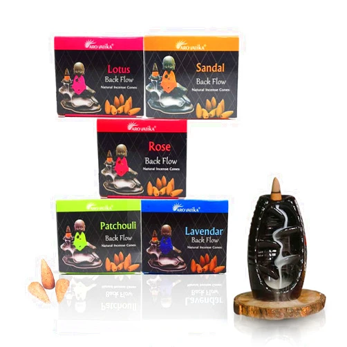 ARO VATIKA Backflow Natural Masala Pack 'B' Incense 50 Cones | 5 Assorted Fragrances of Patchouli, Sandal, Lavender, Rose, Lotus | Best for Prayer, Meditation & Home Fragrance | Burn time- 16-18 mins