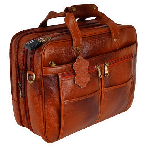 HYATT Leather Accessories 16 Inch 24 litres Capacity Leather Laptop Office Briefcase for Men Upto16 inch Laptop Compartment Dimension-L-16 X H-12 X W-6 Inch Weight-1.4 KG (Brown)