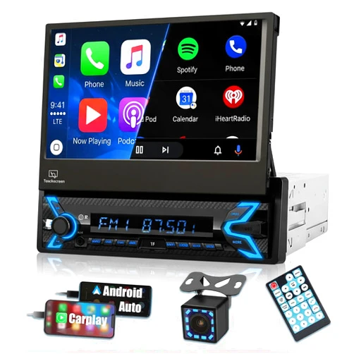 SEMAITU Single Din Car Stereo with Apple CarPlay Android Auto, 7-inch Motorized Flip Out Touchscreen HD Display, Backup Camera, Bluetooth, USB, FM Radio, Mirror Link, SWC, Supports Subwoofer