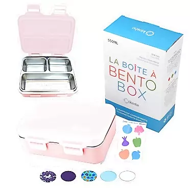 Kinsho Stainless Steel Mini Bento Lunch Box for Baby Toddler Kids Girls, Eco Metal Portion Sections Leakproof Lid, Pre-School Daycare Lunches and Snack Container Ages 3+ (Pink)