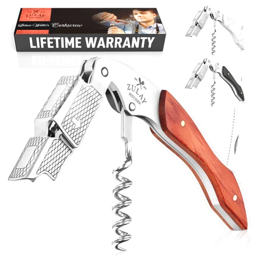 Zulay Kitchen Corkscrew Wine Opener - Premium 420 Stainless Steel & Rosewood Wine Bottle Opener - Double Hinged Opener with Foil Cutter & Cap Remover - Rosewood