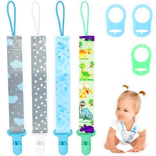 Dooyilets 4 Pcs Baby Dummy Strap Clip, Pacifier Clip Dummy Holder Straps with 4 Silicone Adapter, Soother Chains Clips Fit All, Soothers, Teething Toys, Baby Essentials
