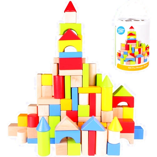 Pidoko Kids Wooden Blocks - 100 Pcs - Building Blocks for Toddlers - Includes Storage Container with Shape Sorter Top - Hardwood Plain & Colored Wood Blocks - Preschool Block Learning Toys