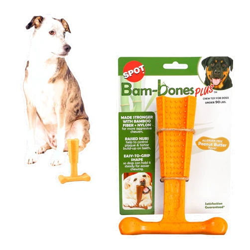SPOT Bam-Bones Plus T Bone - Bamboo Fiber & Nylon, Durable Long Lasting Dog Chew for Aggressive Chewers – Toy for Dogs & Puppies Under 90lbs, Non-Splintering, 7in, Allergen Free Peanut Butter Flavor