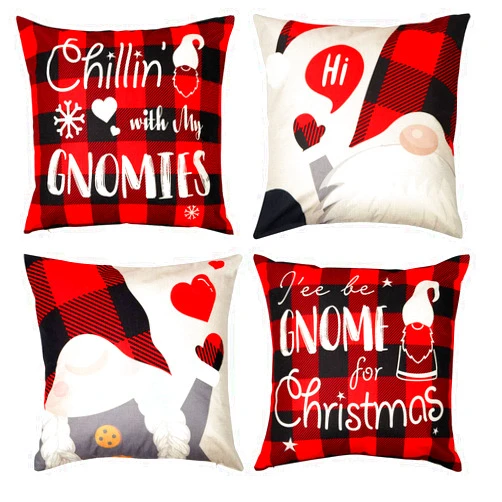 D-FantiX Set of 4 Christmas Gnome Pillow Covers - Scandinavian Yule Santa Linen Cushions