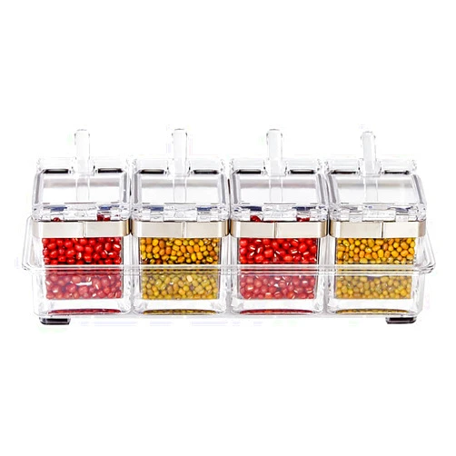 LOYUYU Seasoning Box Stainless 304 Steel Edge, Seasoning Rack Spice Pots, Storage Container Condiment Jars, 4 Piece Clear Acrylic Cruet with Cover and Spoon