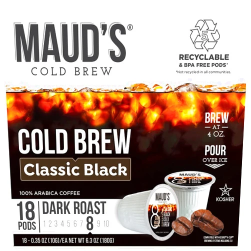 Maud's Black Cold Brew Dark Roast Coffee Pods, 18 ct | Cold Brew Classic Black Coffee | 100% Arabica Dark Roast Coffee | Solar Energy Produced Recyclable Pods Compatible with Keurig K Cups Maker