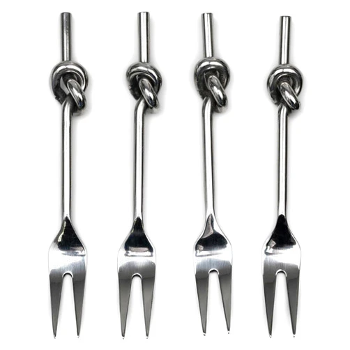 IHI EST. 1986 Overhand Knot Handle - 5.25 Inch Silver Tone Stainless Steel Cocktail Appetizer Forks; Set of 4