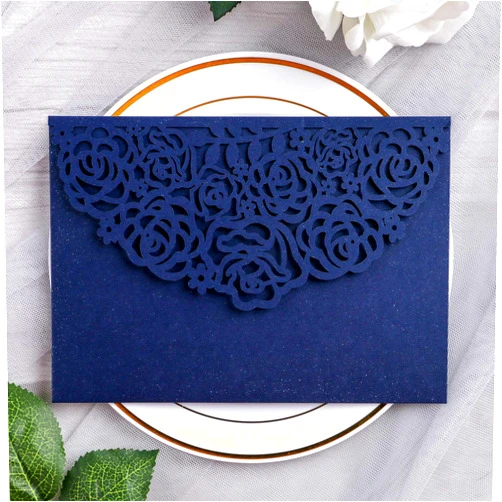 YIMIL 20 Pcs 5.12 x 7.21 inch Tri-fold Laser Cut Wedding Invitation Pocket for Wedding Quinceanera Bridal Shower Baby Shower Party Invite (Navy Blue)