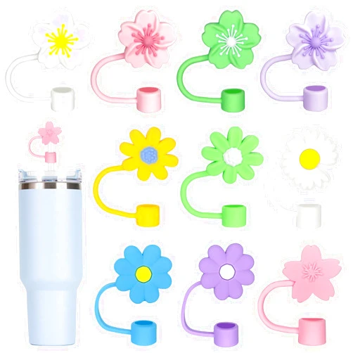 Elykorrne 10Pcs 10mm Straw Covers Cap, Flower Straw Cover Toppers Compatible with Stanley 30&40 Oz Tumbler with Handle, Reusable Silicone Straw Tips Lids Protectors Cup Accessories