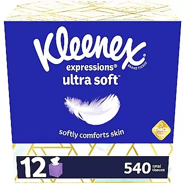 Kleenex Expressions Ultra Soft Facial Tissues, Soft Facial Tissue, 12 Cube Boxes, 45 Tissues per Box, 3-Ply (540 Total Tissues) NEW