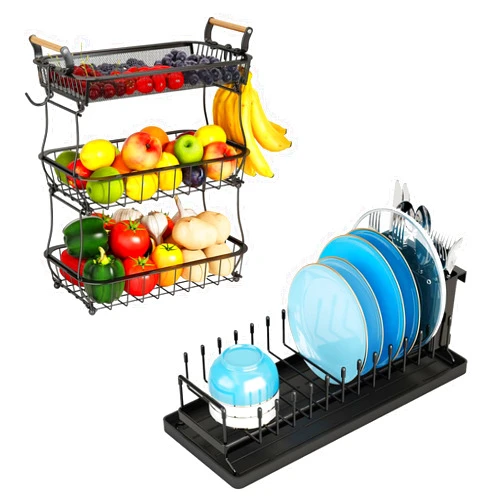 ANTOPY 3 Tier Fruit Basket with 2 Banana Hangers & Dish Drying Rack Small Dish Rack, Dish Racks for Kitchen Counter