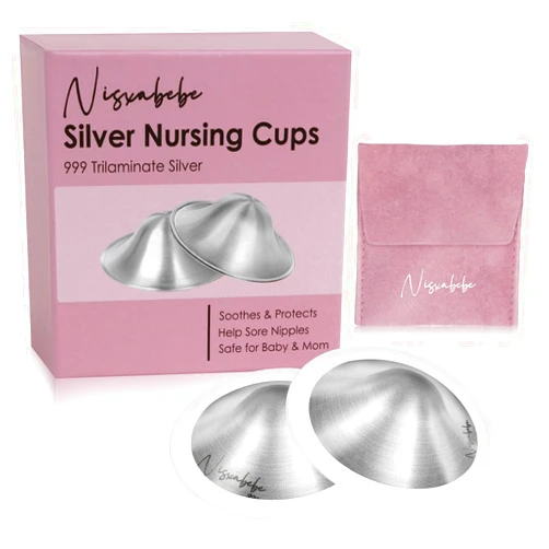 NISXABEBE The Original Silver Nursing Cups-Nipple Shields for Breastfeeding Newborn-Breast Feeding Essentials Must Haves-Nipple Covers to Protect Nursing Nipples,Trilaminate 999 Silver- Maxi Size