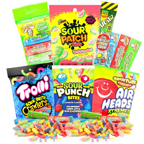Sweetzo Extreme Sour Candy Variety Pack, Gum, Patch Kids Watermelon, Gummy Worms, Punch Bites, and Airheads Extremes, Assorted Candies for Care Packages, Items May Vary, 6 Items