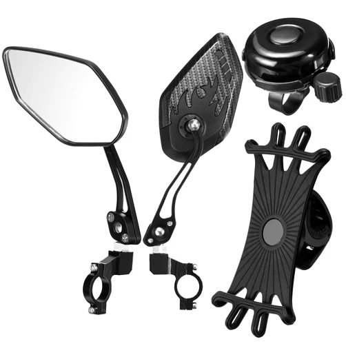 HESTYA 4 Pieces Bike Mirrors Set, 2 Pieces Safe Rearview Mirror Adjustable Handlebar Bicycle Mirrors with Aluminum Bike Bell Clear Sound Bike Bell, 360 Degree Rotation Silicone Phone Holder for Mountain Bike