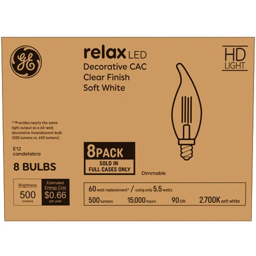 GE Relax LED Light Bulbs 60W, Soft White Candle Lights, Clear Decorative Light Bulbs, Small Base (8 Pack)