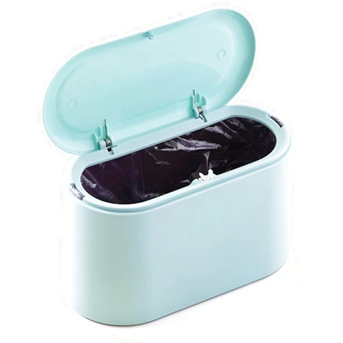 AYADA Mini Trash Can with Lid, Press-Type with Removable Inner Plastic Small Garbage Can Little Tiny Waste Basket Compact Covered Closable Trash Bin Desk Countertop Office Oval Rectangle (Light Blue)