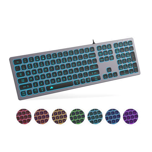 POWZAN Aluminum Quiet Wired Keyboard Backlit- Slim Chiclet Keyboard Compatible with Apple iMac, MacBook, Mac and PC, USB Keyboard Numeric Keypad RGB Lighted Key - Space Gray