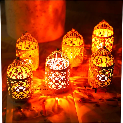JHY DESIGN 6 Pcs Wedding Centerpieces 5.5 inch Height Small Metal Candle Stick Holder Hanging Birdcage Tealight Lantern Hollow Candle Holders for Table Valentine Patio Indoor Outdoor (Cream White)