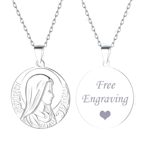 ChicSilver Personalized Necklace Virgin Mary Necklace 925 Sterling Sliver Custom Name Engravable Necklace Dainty Disc Religious Protector Talisman Medallion Round Coin Pendant Necklace Christian Jewelry