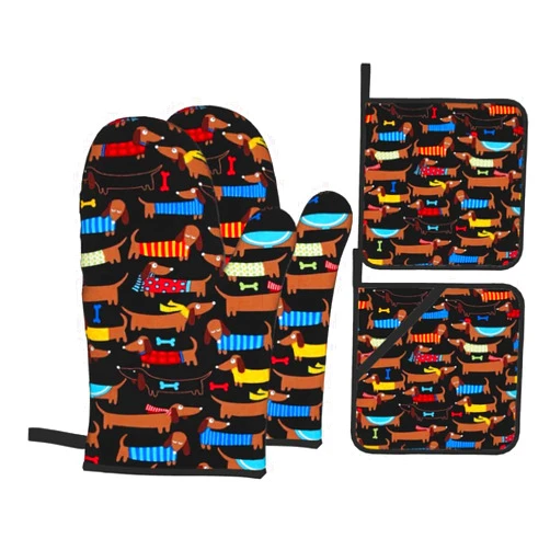 Granbey Cute Dachshund Oven Mitts and Pot Holders Set Funny Dogs Print Kitchen Gloves Heat Resistant Hot Pads for Microwave BBQ Cooking Baking Grilling (4pcs)