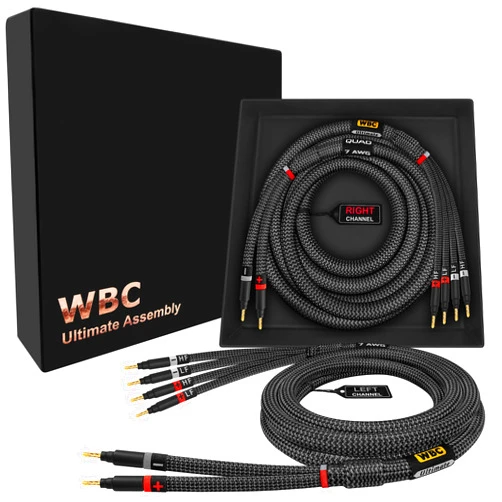 WORLDS BEST CABLES 8 Foot Ultimate - 7 AWG - Ultra-Pure OFC – Extra Premium Audiophile HiFi Bi-Wire Speaker Cable Pair with Eminence Gold Banana Plugs & Carbon Tweed Jacket