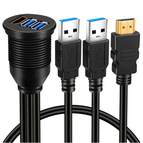 BATIGE Dual USB 3.0 & HDMI Male to Female Car USB Flush Mount Extension Cable USB 3.0 Dash Mount for Car Truck Boat Motorcycle - 3ft