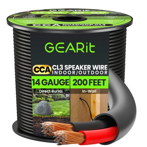 GearIT 14/2 Speaker Wire (200 Feet) 14 Gauge (Copper Clad Aluminum) - Outdoor Direct Burial in Ground/in Wall / CL3 CL2 Rated / 2 Conductors - CCA, Black 200ft